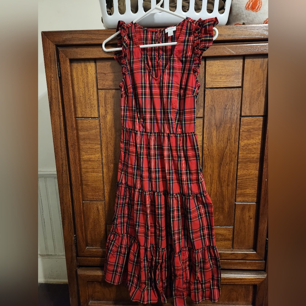 Jcrew Factory Tartan Flutter-sleeve Midi Dress - Picture 2 of 3